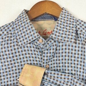 Robert Graham Flip Cuff Medium Blue Brown Gingham Check Button Down Shirt
